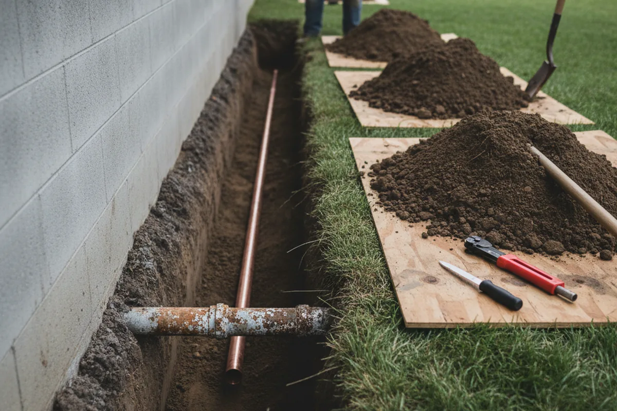 Excavated water line trench during Water Heater Repair in Green Village